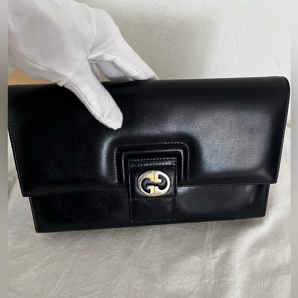 Rare Vintage Gucci Shoulder Clutch Bag Black Leather 1970s - Picture 5 of 17